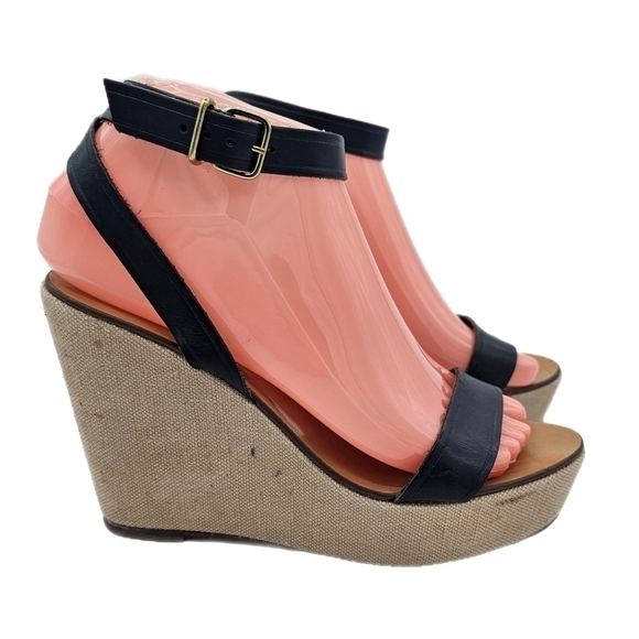 J Crew Womens Tweed Wedge Sandals Open Toe Ankle Strap Made In Italy Black 7.5 - Picture 1 of 13